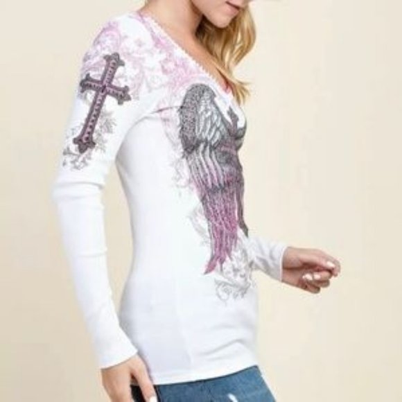 NWT VOCAL white L/S EMBELLISHED RIB THERMAL CROSS shirt embellished biker  SM-XL - Picture 6 of 6